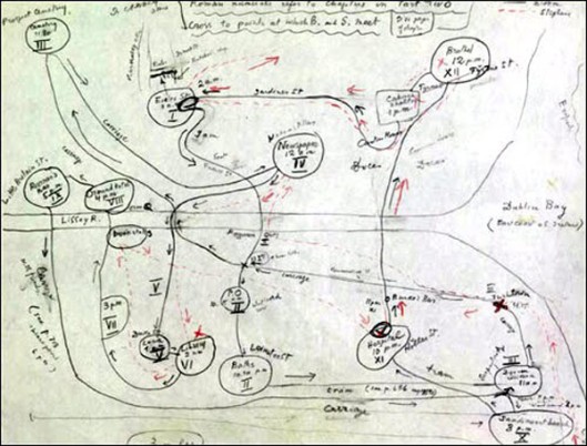 Fact. When Joyce first published Ulysses, nobody could understand it. He had to send out a cheat sheet listing the various clues connecting the wanderings of his hero Leopold Bloom with those of the classical Ulysses. Many ended up doing what Vladimir Nabokov did to keep track, and creating his own map of Bloom's route. [Image Credit: OpenCulture.com] http://www.openculture.com/2013/08/vladimir-nabokov-creates-a-hand-drawn-map-of-james-joyces-ulysses.html