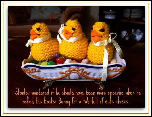 England is amazing. I bought these little handmade chicks at a Village Coffee fundraiser. The lady who knitted them apologized for raising the cost to £1.20 each because she had filled them with the "good" chocolate eggs... I can't bring myself to call you my "peeps" [shudders] so I'll just wish all a happy spring!
