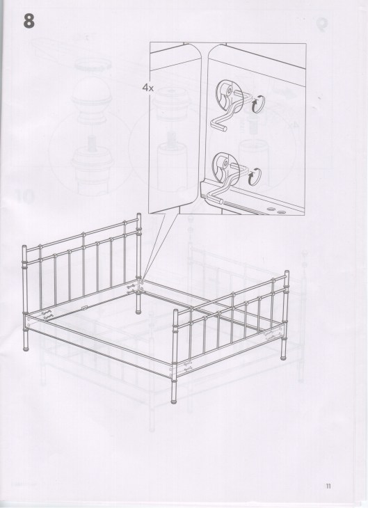 Much wineage. Frighteningly, the little diagrams are starting to make sense. All of a sudden, you have a bed! You just have to use the little funky z-toolmajig to tighten the screw-thingys. From inside a little hole. Where it can only turn an eighth of an inch before you have to take it out and reinsert it and turn it another eighth of a friggin inch. About fifty times. And that's just the first hole on the first leg. Drinking directly from the bottle now.