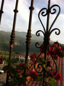 Lovely hostal with misty mountain views and geraniums on the balcony