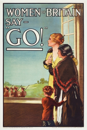 Women of Britain say GO [image credit: E J Kealey (artist) Parliamentary Recruiting Committee (copyright owner/commissioner) Hill, Siffken & Co. (L.P.A. Ltd.) (Publisher) Adam Cuerden (Restoration) - Te Papa Tongarewa (The Museum of New Zealand)] https://en.wikipedia.org/wiki/Music_hall#/media/File:Women_of_Britain_Say_-_%22Go%22_-_World_War_I_British_poster_by_the_Parliamentary_Recruiting_Committee,_art_by_E_J_Kealey_(Restoration).jpg
