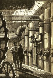 Original illustration of Jules Verne's Nautilus engine room [Image credit: Alphonse-Marie-Adolphe de Neuville - scan from Hetzel edition of 20000 Lieues Sous les Mers] https://en.wikipedia.org/wiki/Steampunk#/media/File:20000_Nautilus_engines.jpg