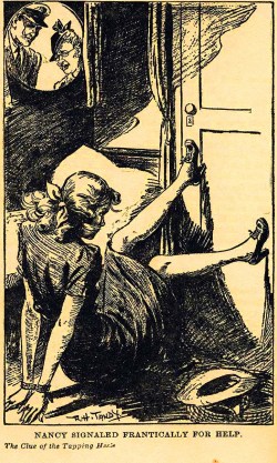 Nancy tried tapping out Ned Nickerson's safe word but her chums didn't seem to remember their Morse code... [image credit: A Leak in the Safe] https://ubu507.wordpress.com/2012/04/12/nancy-drew-mystery-stories-the-clue-of-the-tapping-heels/