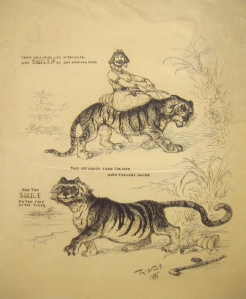  Title: There Was a Young Lady of the NigerÉ Text: "There Was a Young Lady of the Niger, Who Smiled as She Rode on a Tiger, They Returned from the Ride with the Lady Inside, And the Smile on the Face of the Tiger.Ó Details: Signed and dated, ÒTh: Nast. 1888.Ó Artist: Thomas Nast Medium: Original drawing for ÒHarperÕs WeeklyÓ Image size: 10 x 8 1/4 inches Date: 1888 [image credit: The Phyllis Lucas Gallery] http://www.phyllislucasgallery.com/thwasyolaofn.html
