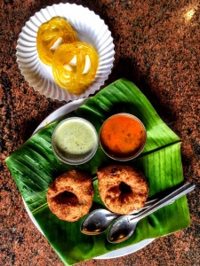 Most perfect breakfast ever at Kamat Restaurant on road from Bangalore to Mysore. [Image credit: this and all photos (c) Jayalakshmi Ayyer & Janine Smith, 2017. All rights reserved.]